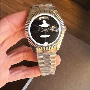 Silver Tone Men's Day-Date Watch with Black Dial automatic mechanical stainless